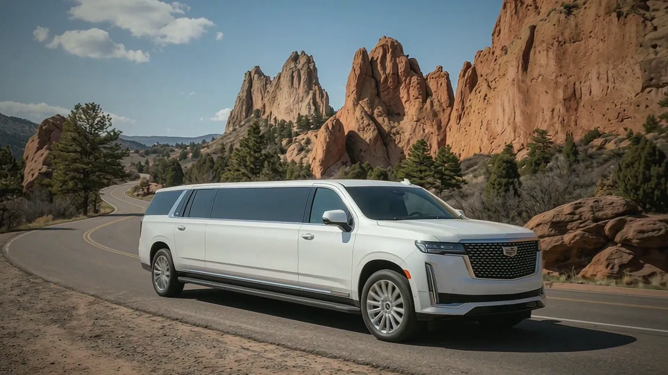 Pueblo white Cadillac Escalade 20 passenger stretch limo