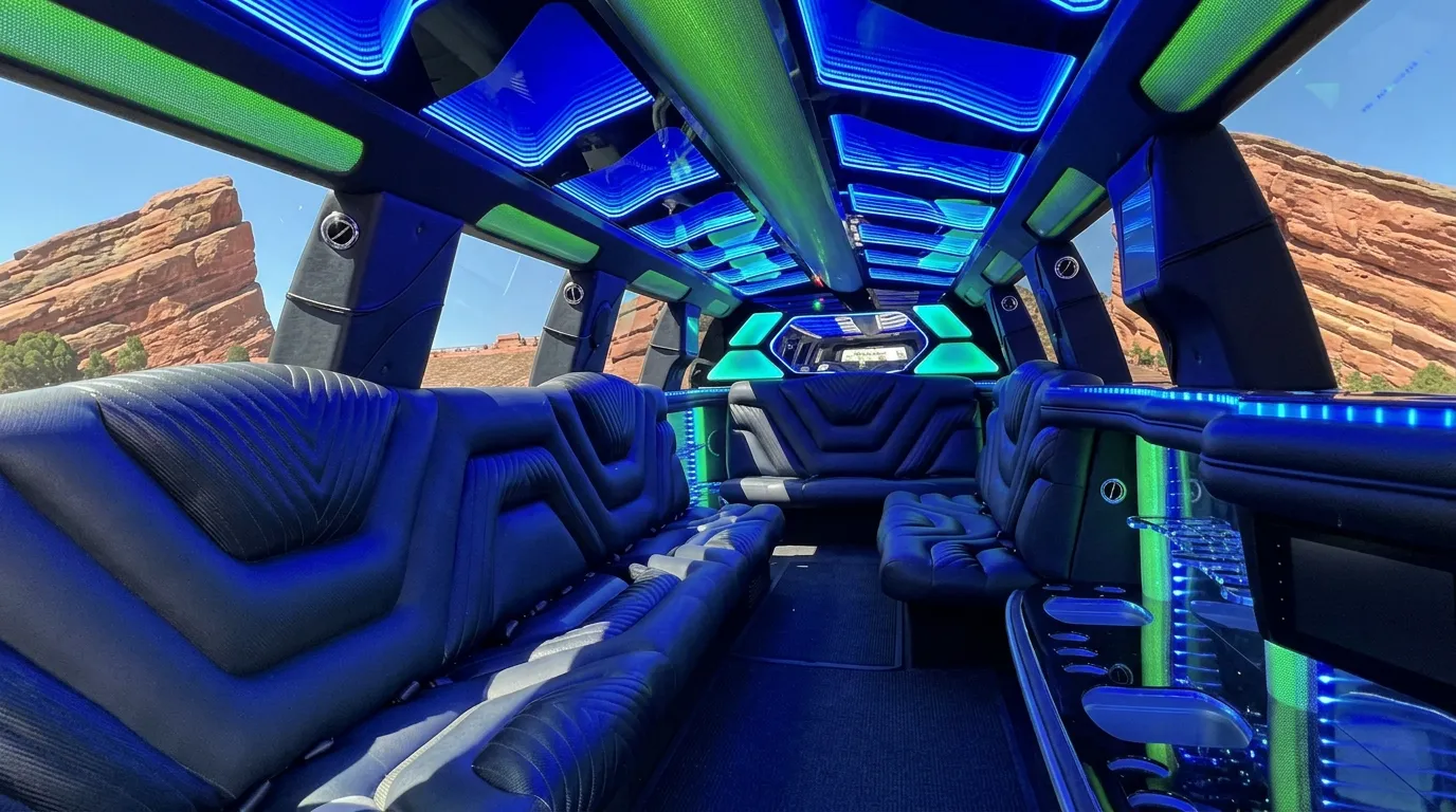 Inside the Chevy Suburban limo in Pueblo: LED light-show ceiling, leather lounge seating and lit bar