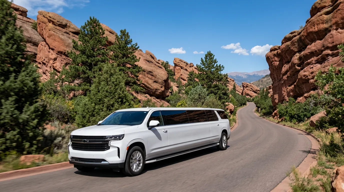 Pueblo white Chevy Suburban 20 passenger stretch limo