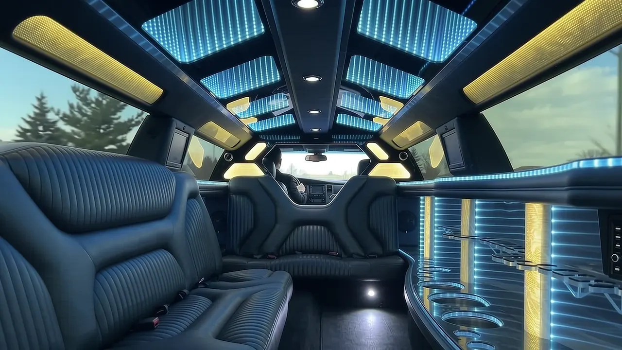 Inside the Dodge Charger limo in Pueblo: LED light-show ceiling, leather lounge seating and lit bar