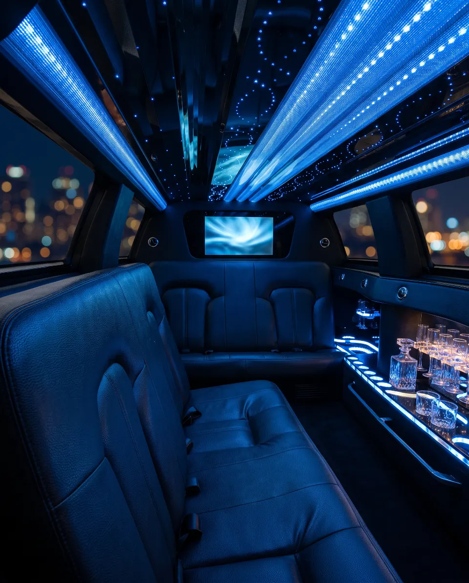 Inside our 10 passenger Lincoln MKT limo in Pueblo: leather seating, LED star ceiling, TV and lit bar area