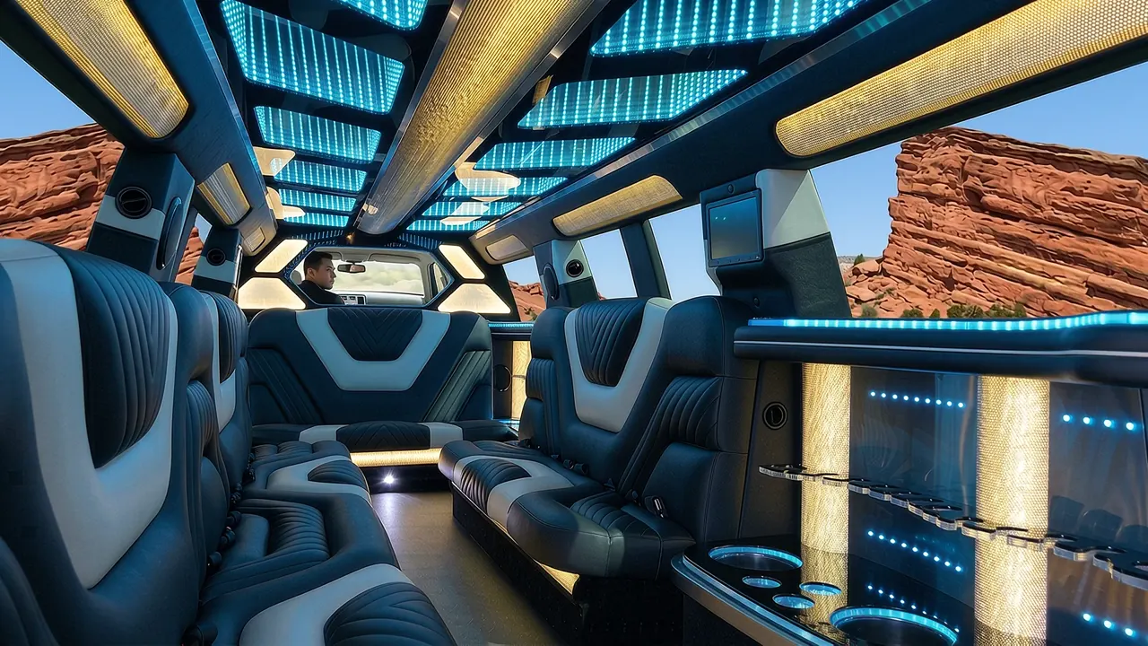 Inside the Mercedes GLS limo in Pueblo: LED light-show ceiling, leather lounge seating and lit bar