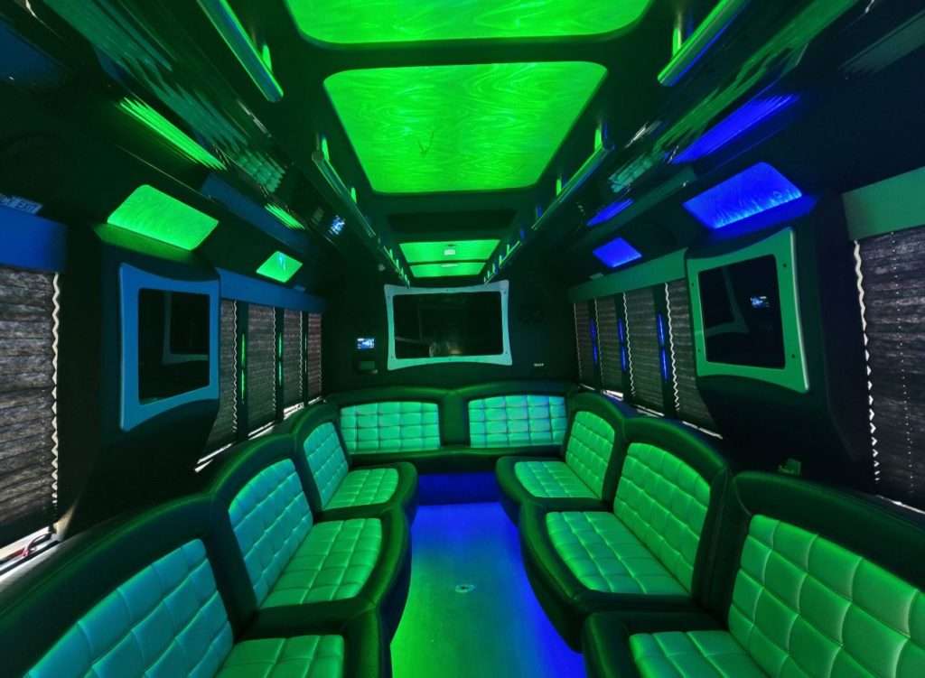 40-passenger party bus interior with LED lights